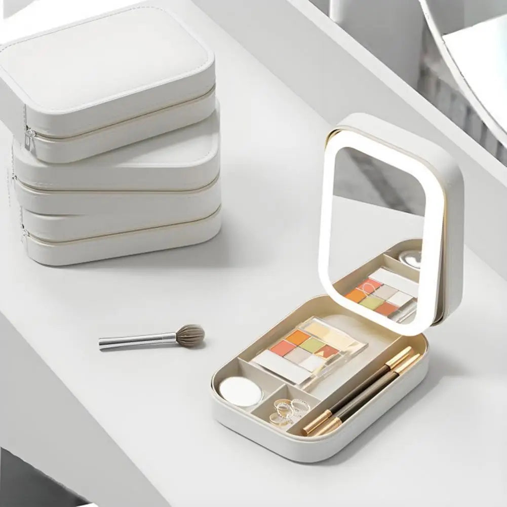 Travel Makeup Bag with LED Mirror USB Rechargeable 3 Colors Adjustable Lighted Vanity Mirror Cosmetic Case Jewelry Organizer Box