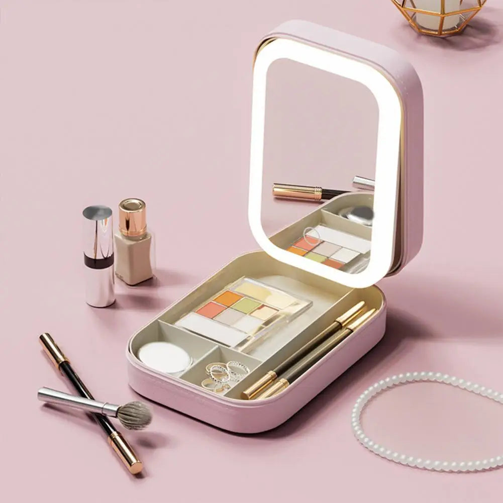 Travel Makeup Bag with LED Mirror USB Rechargeable 3 Colors Adjustable Lighted Vanity Mirror Cosmetic Case Jewelry Organizer Box