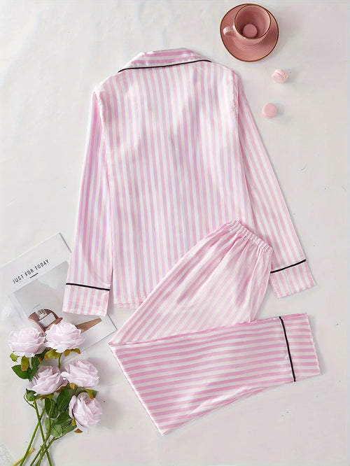 Autumn winter Striped Pajamas Set for Women Sleepwear Long Sleeve Button Top and Long Pants Set Homewear and Loungewear