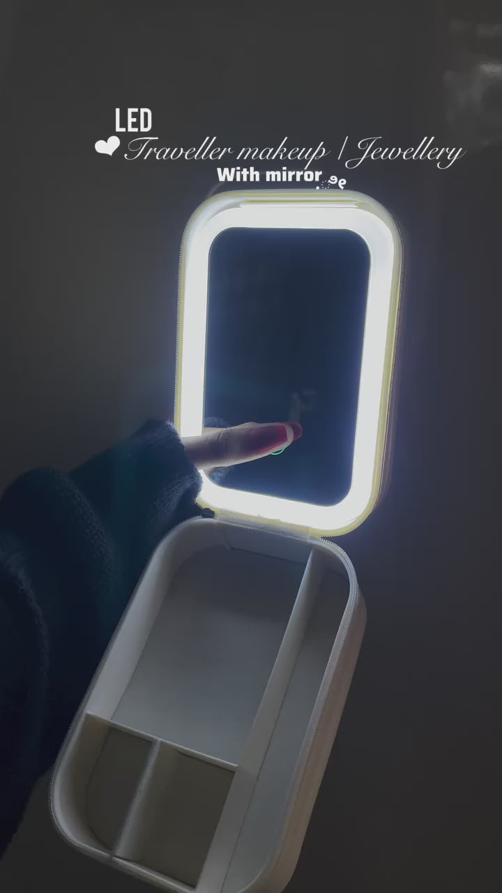 Travel Makeup Bag with LED Mirror USB Rechargeable 3 Colors Adjustable Lighted Vanity Mirror Cosmetic Case Jewelry Organizer Box